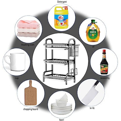 Goldmeet 3 Tier Dish Drying Rack, Large Stainless Steel Over The Sink Dish with Drain Tray, Kitchen Dishes Drying Racks, Dish Racks for Kitchen Counter Storage (Black)