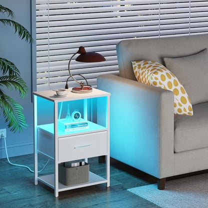 TUTOTAK LED Nightstand Set of 2, Night Stand with Charging Station, End Table, Bedside Table with Fabric Drawer, Side Table for Livingroom and Bedroom, Whtie TB01BW0692L - color: White, style: Plug&LED