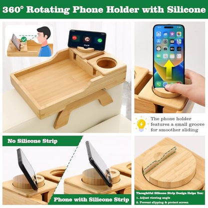 GHKINMAL Bamboo Couch Cup Holder, 4 in 1 Couch Arm Trays with 360°Rotated Phone Holder, Non-Slip Clip on Side Table for Drinks/Remote/Snacks, Ideal Gift for Husband, Wife, Parents - color: Natural Bamboo