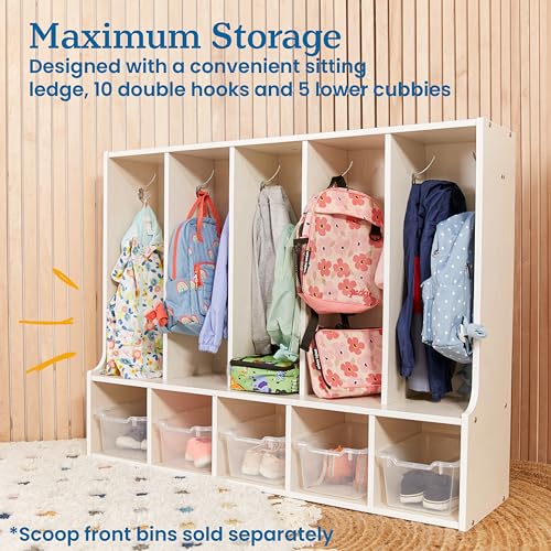 ECR4Kids Streamline 5-Section Toddler Coat Locker with Bench, Classroom Furniture, White Wash - color: White Wash