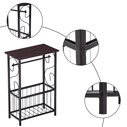 Side Coffee End Table,Multifunctional Bathroom Table,Bathroom Free Standing Floor Storage Side Corner Table Shelf with Toilet Paper Holder Stand and Magazine Rack,Metal Frame & Wood Top,Dark Brown