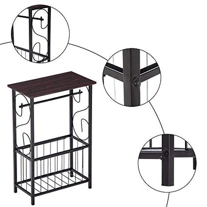 Side Coffee End Table,Multifunctional Bathroom Table,Bathroom Free Standing Floor Storage Side Corner Table Shelf with Toilet Paper Holder Stand and Magazine Rack,Metal Frame & Wood Top,Dark Brown