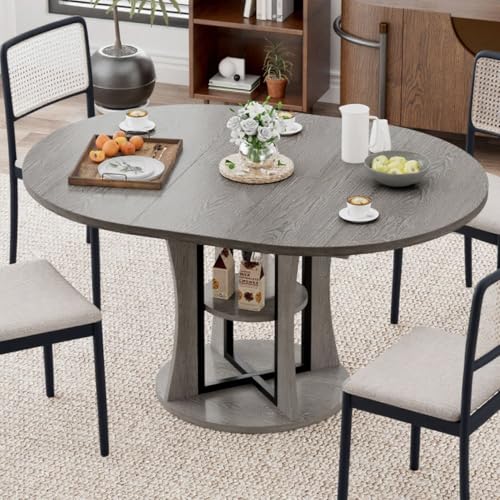 Extendable Round Dining Table for 4-6-8, 43.3-59in Expandable Kitchen Table with Storage Shelf, Space Saving Circle Oval Dining Table with Leaf for Kitchen, Dining Room, Gray - color: Grey