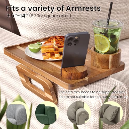 3 in 1 Acacia Wood Couch Arm Tray,Couch Tray with Cup Holder and Phone Holder,Folding Sofa Armrest Trays Clip-On Sofas Desk for Drinks,Snacks,Phone,Remote Control