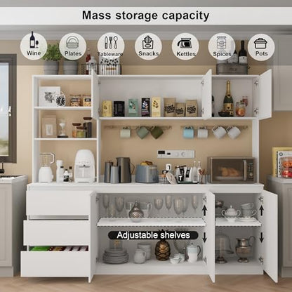 Mekminop Extra Large Kitchen Pantry with Microwave Shelf, Kitchen Hutch Storage Cabinet with Countertop, Freestanding Countertop Cabinet with 3 Drawers and 3 Open Shelves, White - color: White, size: 82.7" Wide