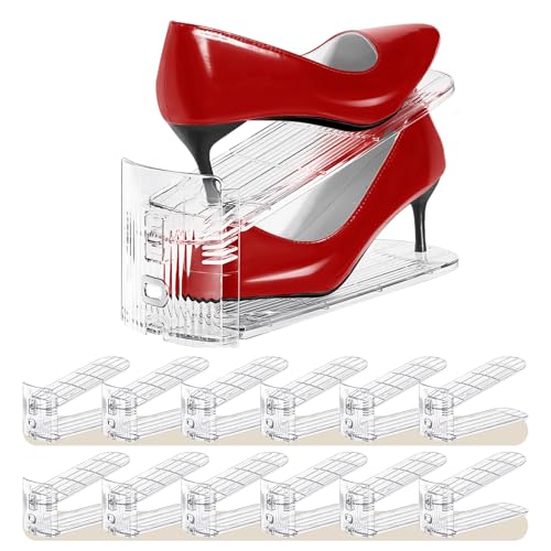 Shoe Slots Organizer 12 Pack - Shoe Stacker,3 Levels Adjustable,Space Savers 50%,Double Layer Holders for Closet (Transparent),Organizador de Zapatos - color: 12PACK Clear