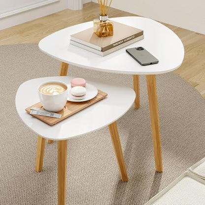 BAMEOS Bamboo Nesting Triangle End Table,Set of 2 Side Table Modern Minimalist Coffee Table for Living Room, Balcony in White - color: White