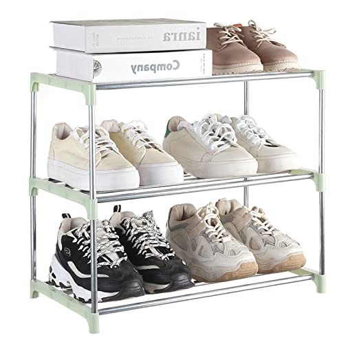 Small Shoe Rack, Narrow Stackable Shoe Shelf Organizer for Entryway, Doorway and Bedroom Closet (3-Tier, Green) - color: Green, size: 3-Tier
