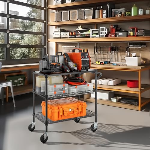 Finnhomy 3 Tier Heavy Duty Commercial Grade Utility Cart with Wood Top, Wire Rolling Cart with Wheels and Handle Bar, Kitchen Carts on Wheels, Metal Cart with 600 LBS Capacity, Black - style: 30“L Black