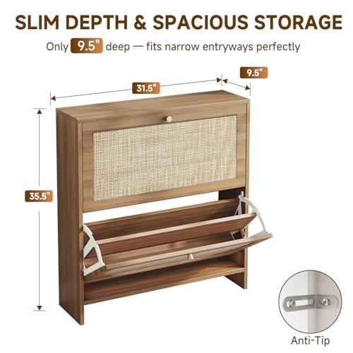 Nicetree Shoe Cabinet Storage for Entryway, 2-Flip Drawer Narrow Shoe Rack, Organic Modern Rattan Shoe Organizer with Gold Legs, Shoe Organizer Fits Men's Size 13.5, Toasted Caramel Walnut