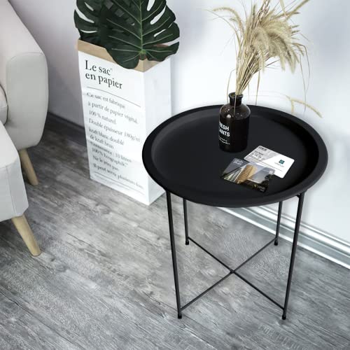Garden 4 you End Table Metal Side Table Black Round Folding Tray Cyan Sofa Small Accent Fold-able Table, Round End Table Tray, Next to Sofa Table, Snack Table for Living Room and Bed Room - color: Black