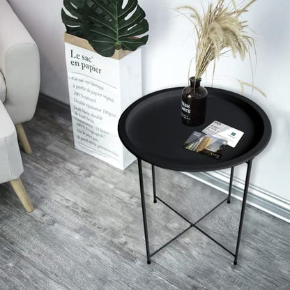 Garden 4 you End Table Metal Side Table Black Round Folding Tray Cyan Sofa Small Accent Fold-able Table, Round End Table Tray, Next to Sofa Table, Snack Table for Living Room and Bed Room - color: Black