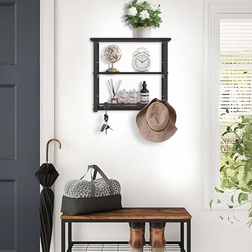 ANYHI Wall Mounted Three-Tier Floating Shelves for Living Room/Bedroom/Kitchen/Bathroom, Wood Floating Shelf with 4 Hooks for Books/Storage/Decor, Bedside Shelves, Black Nightstand