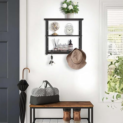 ANYHI Wall Mounted Three-Tier Floating Shelves for Living Room/Bedroom/Kitchen/Bathroom, Wood Floating Shelf with 4 Hooks for Books/Storage/Decor, Bedside Shelves, Black Nightstand