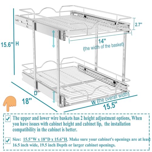 OCG 2 Tier Pull Out Cabinet Organizer (15.5" W x 18" D), Pull Out Drawers for Kitchen Cabinets, Pull Out Shelves for Base Cabinet Organization in Kitchen Bathroom Pantry, Chrome Finish - size: 15.5"W x 18"D, 2 Tier
