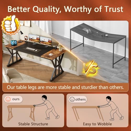 TVU Computer Desk, 55 inch Large Office Desk, Study Writing Table with Thicken Frame, Gaming Desk, Modern Simple Desk for Home Office, Rustic Brown/Black - color: Rustic Brown+black, size: 55inch