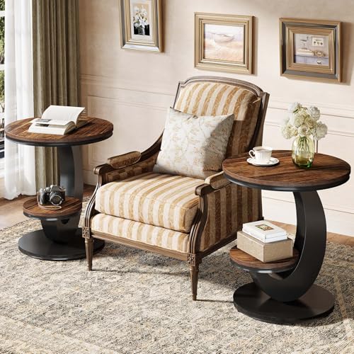 Tribesigns Round End Table Set of 2, 2 Tiers Side Table with Storage Shelf, Sofa Side Bedside Nightstand with Rustic Wood and Metal Arc-Shaped Frame for Small Spaces, Living Room, Bedroom (2PCS) - color: Brown