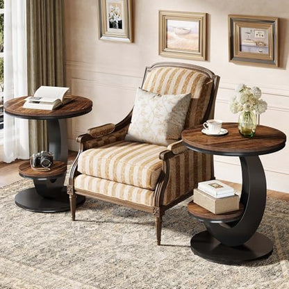 Tribesigns Round End Table Set of 2, 2 Tiers Side Table with Storage Shelf, Sofa Side Bedside Nightstand with Rustic Wood and Metal Arc-Shaped Frame for Small Spaces, Living Room, Bedroom (2PCS) - color: Brown
