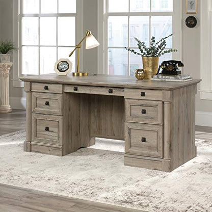 Sauder Palladia Office Desk with Drawers, Executive Desk with File Cabinet Storage, Cable Management, Keyboard Tray, in Split Oak Finish - color: Split Oak