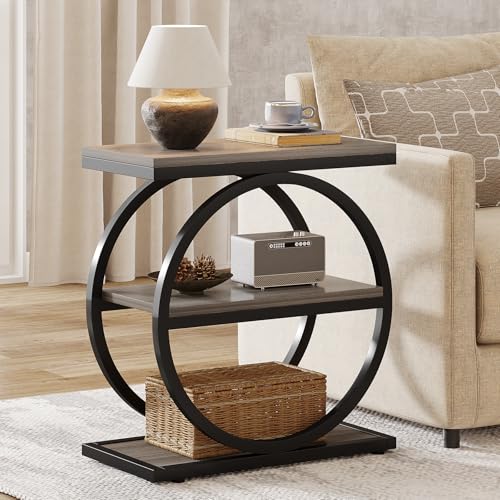 Tribesigns End Table, Narrow End Table with 3 Storage Shelves, Wood Side Table with Black Metal Frames, Industrial Small Sofa Side Table for Living Room, Grey Nightstand and Bedside Table for Bedroom - color: Grey and Black