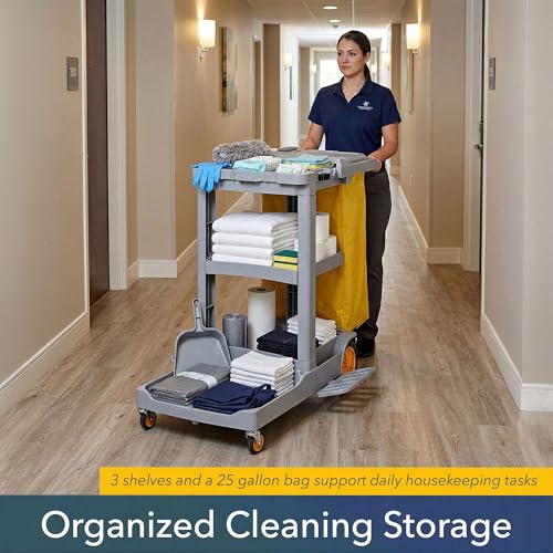 44” x 18” x 38” Grey 3-Shelf Janitorial Cart Kit - Commercial Housekeeping Cart with Yellow Bag, Black Zippered Bag, Lid, Folding Handle for Hotels, Offices, Schools - 175 lb Capacity - size: Small (Grey)