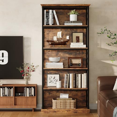 IRONCK 71 Inch Industrial Bookshelf, 5 Tier Tall Bookshelf and Bookcase to Display and Collect, Thicken Wood Rustic Book Shelf with Thicken Metal Frame for Living Room and Bedroom, Rustic Brown