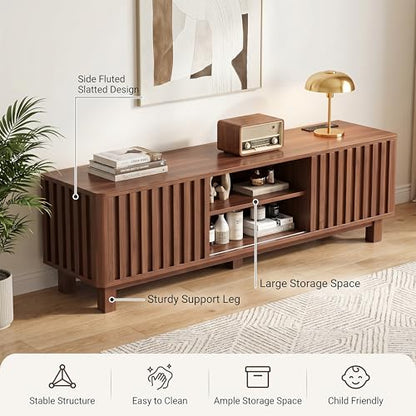 70 Inch Walnut Fluted TV Stand for 80 Inch TVs, Mid Century Modern Entertainment Center with Sliding Doors, Power Outlets, Storage Shelves, Wood Media Console Cabinet for Living Room
