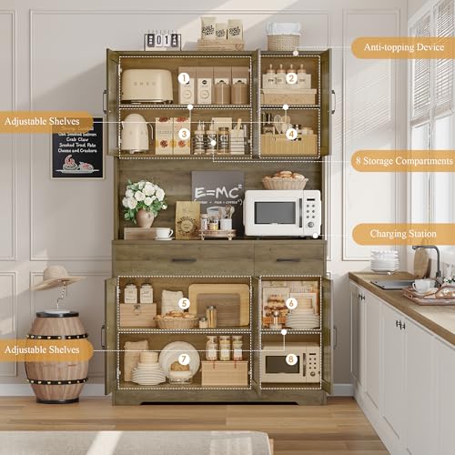 HOSTACK 71" Pantry Cabinet with Charging Station, Tall Kitchen Pantry Storage Cabinet with Microwave Stand, Farmhouse Kitchen Hutch with Storage Drawers for Living Room, Dining Room, Rustic Brown - color: Rustic Brown