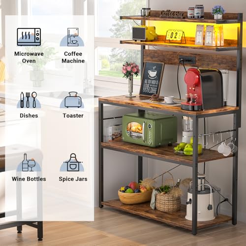 Aheaplus Bakers Rack with Power Outlet, Microwave Stand, 5 Tiers Coffee Bar Station with Led Lights, Kitchen Storage Shelf with 6 S-shaped Hooks, Kitchen Rack Coffee Bar Stand, Rustic Brown - color: Rustic Brown, size: 31.5 inch
