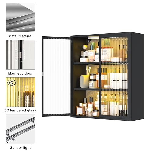3-Tier Bathroom Wall Cabinet with 2 LED Light | Metal Medicine Cabinet with Glass Doors, Laundry Room Cabinets Storage, Black Over Toilet Modern Storage Cabinet for Bathroom - style: Full Glass Door Black