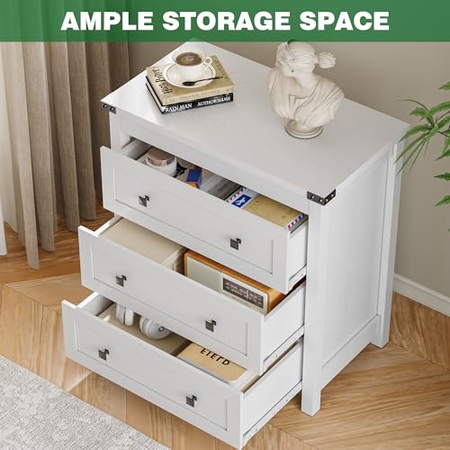 Xixini Farmhouse Nightstand with 3 Storage Drawers, 27.55" Wide Wood Bedside Table, Modern Side Table with Metal Handle, End Table for Bedroom, White - color: White