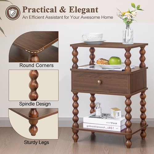AWASEN Mid Century Modern Nightstand, Bedside Table with Storage, 3-Tier Small Night Stand End Table with Drawer for Bedroom &Solid Wood Spindle Legs, Walnut Brown - color: Walnut Brown