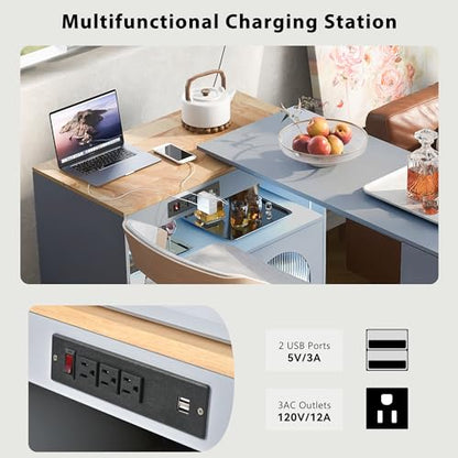Rolling Kitchen Island with Extendable Swivel Table and Power Outlet, Kitchen Island on Wheels with Storage Cabinet, Fluted Glass Doors and Open Shelves for Small Spaces, Grey-Blue - color: Grey-blue
