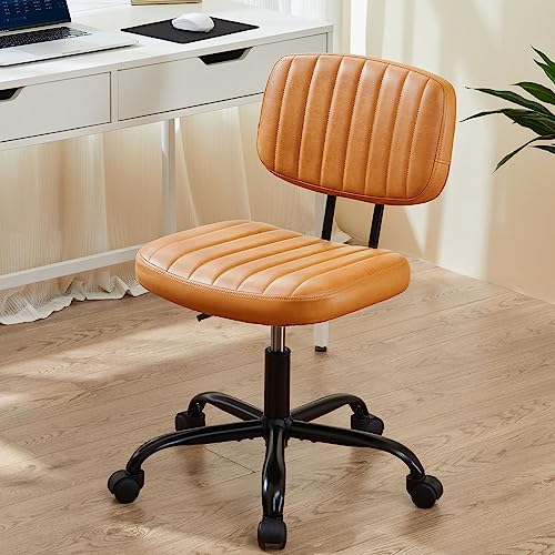 Sweetcrispy Small Office Desk Chair, Armless PU Leather with Comfy Lumbar Support, Height Adjustable Rolling Swivel Task for No Arms, for Adult, Student, Bedroom, Home, Vanity, Brown - color: Leather Brown
