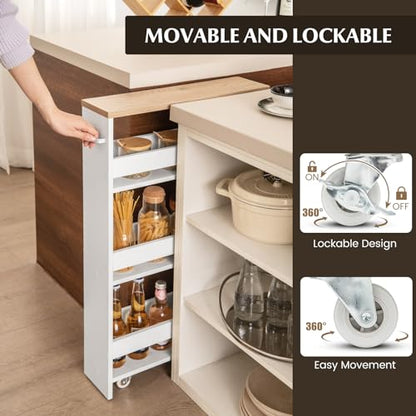 LOKO Slim Storage Cart, 4-Tier Rolling Cart with Handle & Wooden Top for Kitchen Bathroom Laundry Living Room Narrow Small Spaces, 5 Inches Width (White & Natural) - color: White & Natural