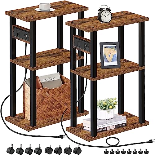 TUTOTAK Small Narrow Side Table with Charging Station, Set of 2 Skinny End Table for Small Spaces, Slim Nightstand with USB Ports and Outlet,Sofa Beside Table with Wheels, Brown TB01BB047 - color: Brown, size: 2 PC, style: With Plug