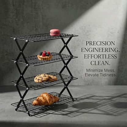 4-Tier Collapsible Cooling Rack for Baking | Adjustable Stackable Wire Rack for Cookies, Cakes & Roasting | Space-Saving Foldable Design for Small Kitchens & Camping (Black) - color: Black