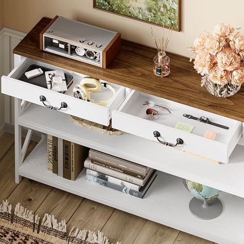 IRONCK 47.2" Farmhouse Console Table, Sofa Table with Drawer, Narrow Long Entry Table with 2 Shelf for Entryway, Living Room, Hallway, White/Walnut - size: 47.2inch