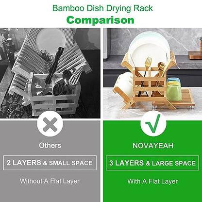 NOVAYEAH Bamboo Dish Drying Rack with Utensil Holder, Collapsible Wooden Dish Drainer Rack, 3-Tier Large Folding Drying Holder for Kitchen Counter 51 pcs Grid - color: 3-tier (Bamboo)