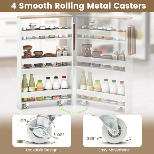 4-Tier Slim Rolling Storage Cart, Wooden Kitchen Utility Cart with Wheels & Handle, Space Saving Trolley, Slide Out Shelving Unit for Narrow Spaces, Laundry, Bathroom (White + Natural) - color: White + Natural