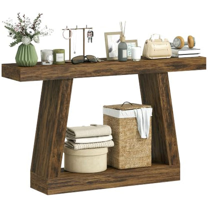 HOMCOM 55.1" Narrow Entryway Table with Thickened Tabletop Rustic Brown | 2-Tier Farmhouse Console Table, Storage Shelf, Trapezoidal Base, for Behind Couch Sofa, Living Room, Hallway, Entrance - size: 55.1" W