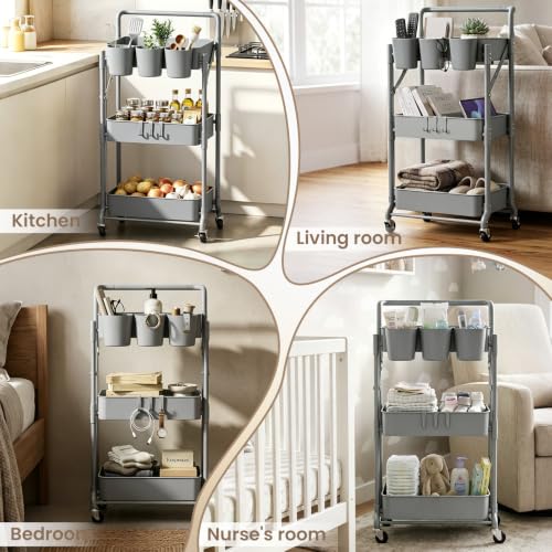 Foldable 3 Tier Metal Utility Rolling Cart, Folding Mobile Multi-Function Storage Trolley Organizer Cart for Home Library Office(Grey) - color: Gray