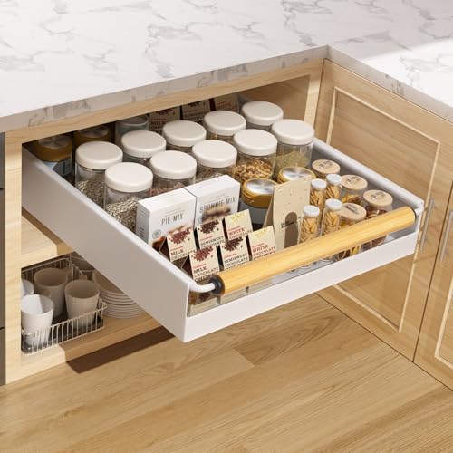 Pull Out Cabinet Organizer, 15.3'' Deep Expandable Slide Out Cabinet Organizer Fixed with Adhesive Nano Film, Slide Out Drawers Pull Out Tray for Cabinet in Kitchen, Pantry, Bathroom, White - color: White