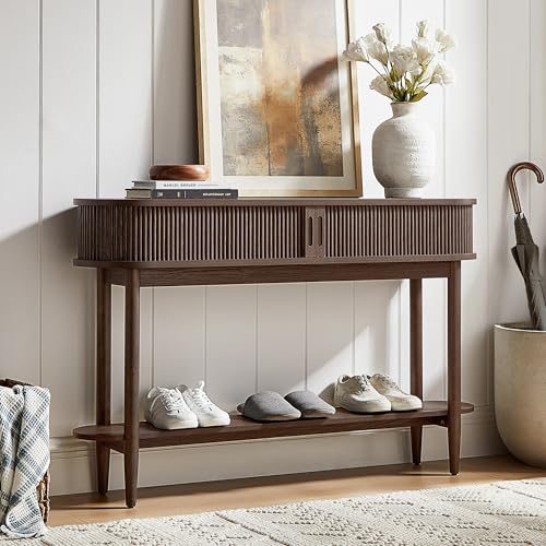LINSY Fluted Console Table with Storage and Shelves, Walnut | Entryway Table, Wood Entrance, Behind Couch Sofa Table, Foyer Tables for Hallways, Living Room Boho Furniture, Narrow Long - color: Walnut