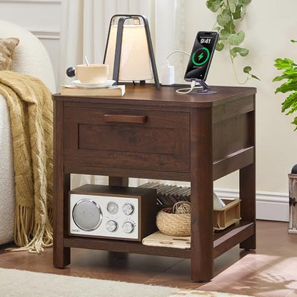 Joaxswe Farmhouse Side Table Set of 2 Living Room, Small Night Stand with 1 Drawers & Open Shelving & 4 Thickened Table Legs, Walnut - color: Walnut, size: Set of 2