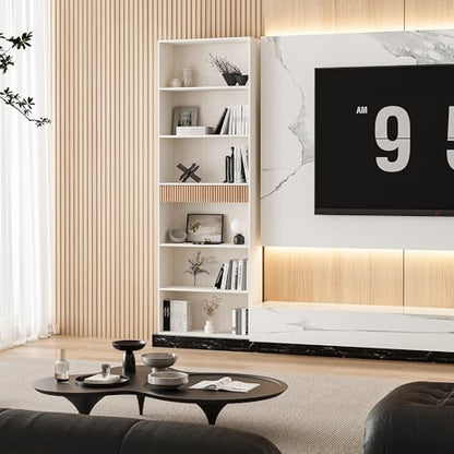 INNOD 72" Tall Bookshelf with Storage, 7-Tier Bookcase Fluted with Drawer, Display Book Shelf Book Organizer with Anti-tip Device, Home Decor Wood Furniture for Bedroom, Living Room and Office, White