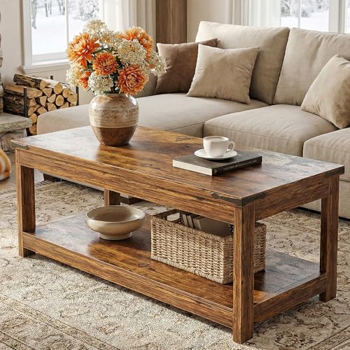Homieasy 43.3” Rectangular Coffee Table with Storage Shelf, Rustic Brown | Farmhouse Wood Center Table for Living Room, Modern Black Tea Table with Open Shelf - color: Rustic Brown