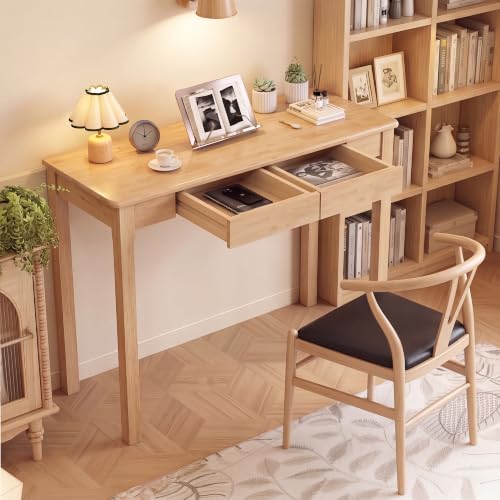 100% Solid Wood 39 x 16 in Small Desk with 2 Drawers | Mid Century Modern Narrow Desk Vintage Small Writing Wooden Desks for Small Spaces Bedroom, Living Room, Office - color: Natural, size: 39.4" x 15.7"