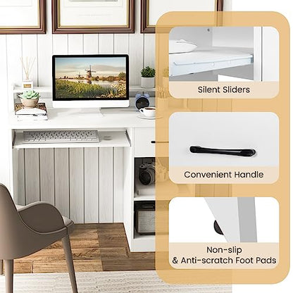 GOFLAME White Computer Desk, Home Office Desk with Large Drawers, Hutch, Keyboard Tray, 5-Position Adjustable Open Shelves, Easy Assembly, Writing Desk for Bedroom, Small Space, Living Room, White - color: White
