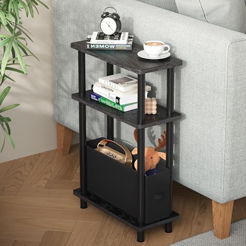 Apicizon Small Narrow Side Table, 3-Tier Skinny End Table withFabric Basket, Slim Nightstand Bedside Table for Small Spaces, Living Room, Bderoom, Black - color: Black, style: Narrow Side Table with Basket